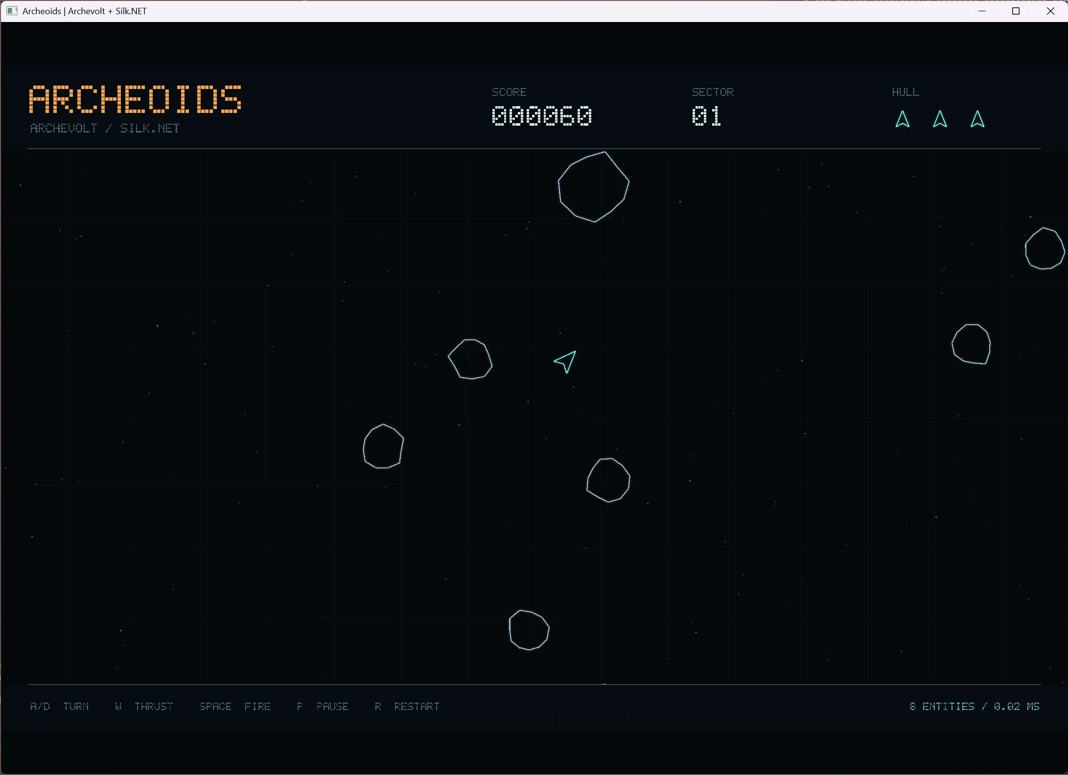 Archeoids gameplay with a cyan ship, drifting asteroids, and a score and lives HUD.